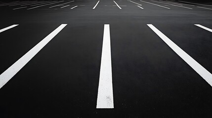 Empty Parking Lot Rows with White Lines on Dark Asphalt Surface