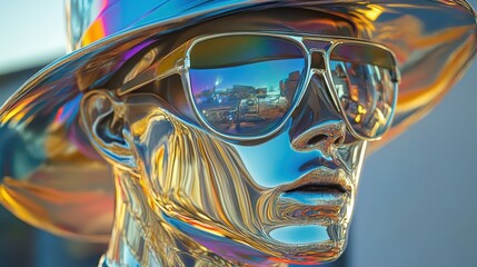 A highly reflective metallic mannequin wearing large sunglasses stands prominently in an urban location. Its shiny surface reflects the surrounding area, creating a captivating visual effect