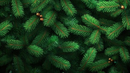 Lush evergreen pine branches with pine cones in close-up view