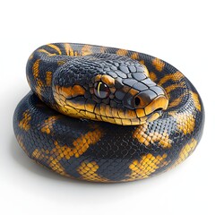 Obraz premium A detailed of a coiled black and gold python, showcasing its intricate scales and vibrant colors. The snake's head is prominent, displaying its captivating gaze. Detailed Animal isolated on white