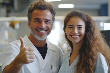 Obraz premium two medical professionals smiling at camera with thumbs up gesture.