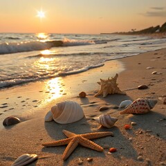 "Serene Beach at Sunset with Shells and Starfish"