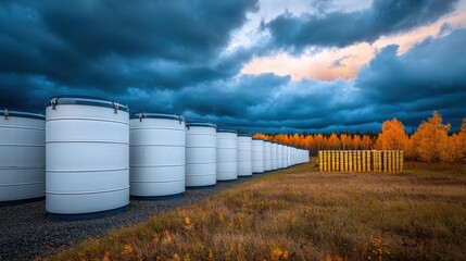 Obraz premium A row of white storage tanks under a dramatic sky, surrounded by autumn foliage, showcasing industrial landscape and natural beauty.