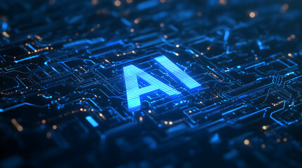 Use the word AI, make a background, high tech, quantum flow, rhombic rays, neural source, left view, blue tint