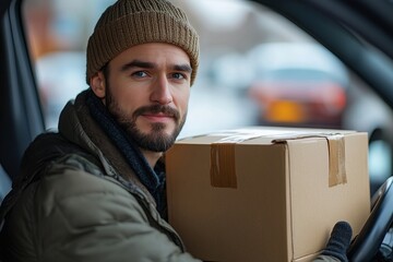 a delivery man in a car holding a package.