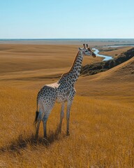 Obraz premium Giraffe standing in tall grass overlooking a vast savanna landscape with a winding river.