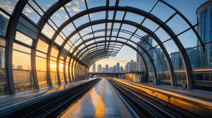 Sunrise Urban Transit, empty train station, curving tracks, arched glass roof, city skyline