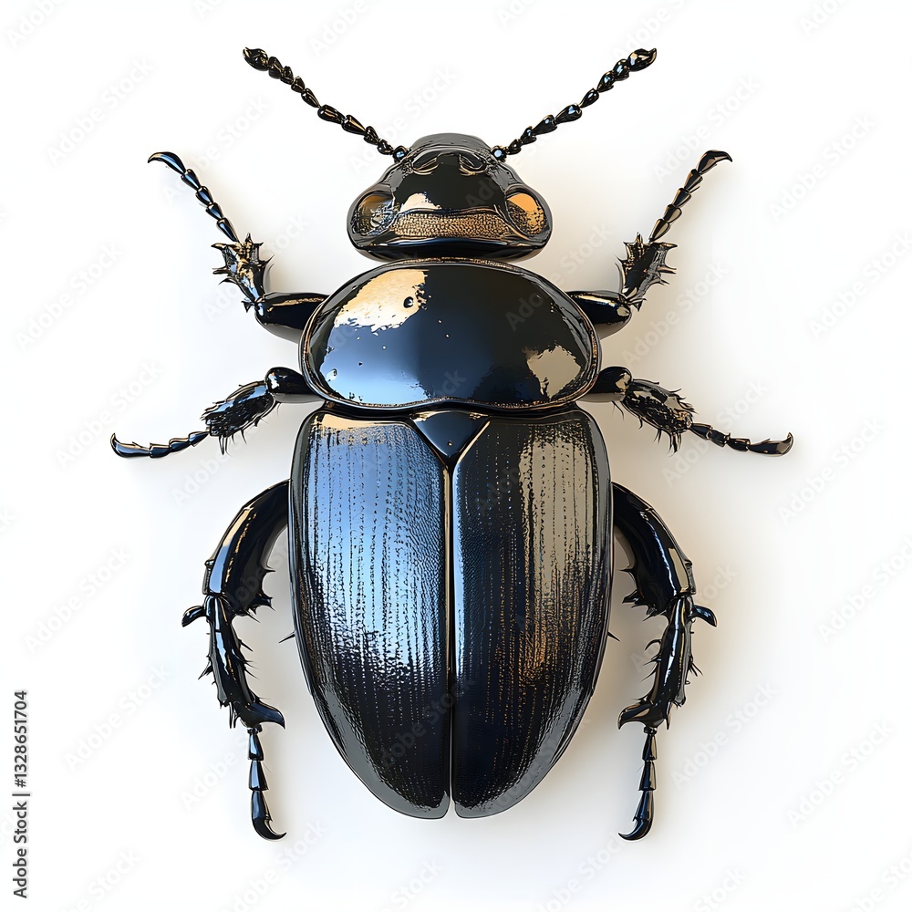 Poster a detailed close-up shot of a black beetle on white background. the insect's shiny exoskeleton and i