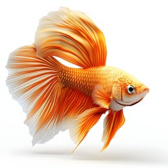 Fototapeta premium A vibrant orange betta fish, its fins elegantly spread, creating a breathtaking underwater scene. The Betta Fish fish's vivid colors stand out against a stark white white background.