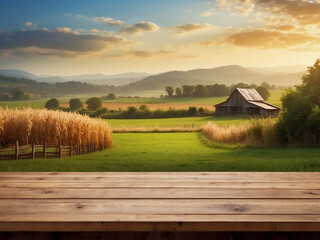 An empty wooden table stands in front of a blurred rural farm backdrop, perfect for displaying organic and agricultural products.