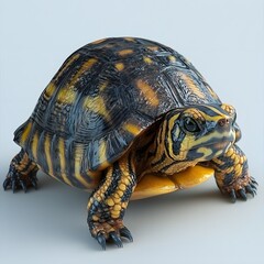 Fototapeta premium A detailed close-up shot of an Eastern Box Turtle, showcasing its intricate shell pattern and textured skin. Detailed Animal isolated on white background. Box Turtle Close-Up