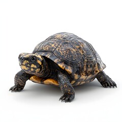 Fototapeta premium Close-up studio shot of an Eastern Box Turtle. Its intricate shell and detailed features are highlighted against a clean white background. Detailed Animal isolated on white background. Box Turtle