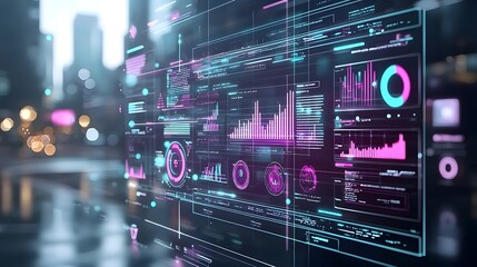 Futuristic neon colored digital finance bar graph showcasing transparent futuristic bars with AI driven smart city investment analysis data visualization floating around a sleek