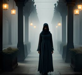 The solitary figure of a girl walking alone down a dark alley at night captures a concept of fear and horror, her silhouette adding to the scary vibe.generative ai