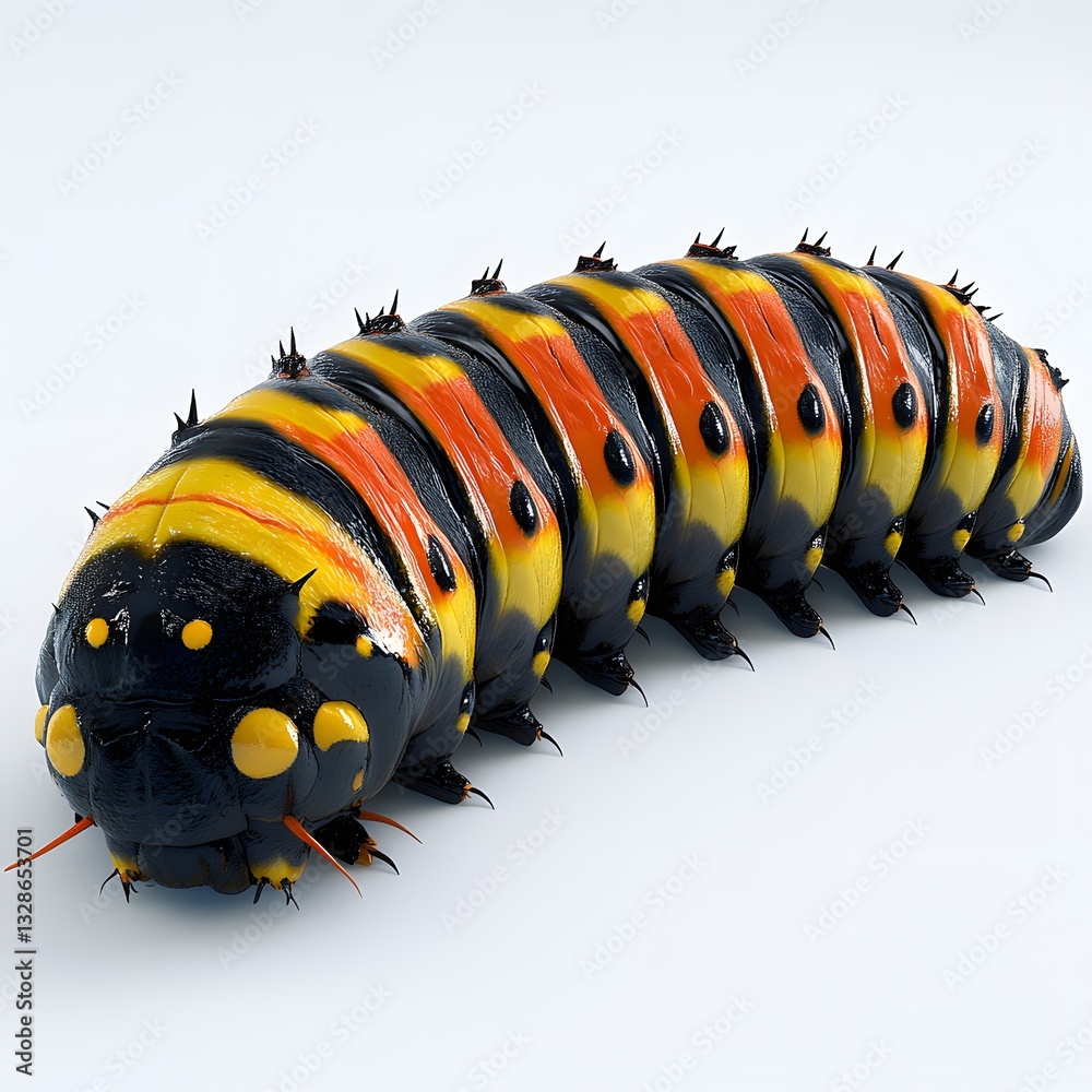 Poster close-up view of a brilliantly colored caterpillar, a detailed 3d render showcasing its intricate fe