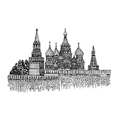 Naklejka premium Engraved vector illustration of a historic Russian castle with detailed towers and domes captured in an artistic tattoo style