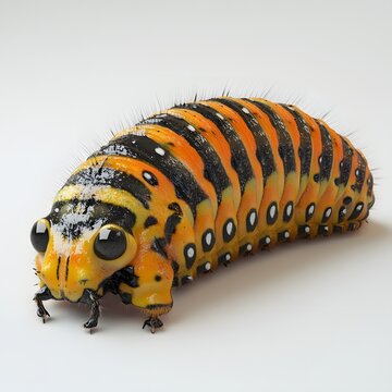 Close-up of a colorful pipevine swallowtail caterpillar. Vivid orange, black, and white markings. Detailed Animal isolated on white background. A 3D Render of a cheerful Caterpillar