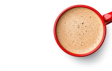 Top view of a red mug filled with light brown coffee, isolated on white background. The coffee has a creamy texture with small dark brown speckles. 