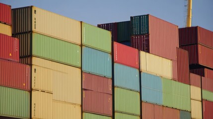 Stacks of vibrant shipping containers are visible at a bustling port, illuminated by the warm glow of the setting sun. This location highlights significant global trade activities