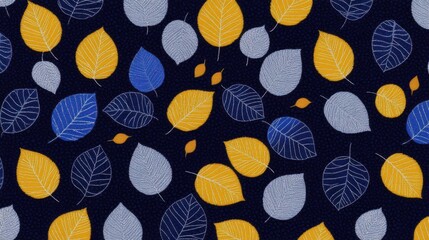 Colorful leaf patterns in shades of blue, yellow, and white on a dark background.