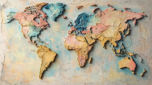 Colorful textured world map art with detailed continents on rustic background