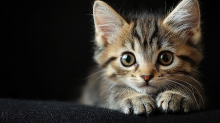 A playful kitten looking directly at the camera with bright eyes full of wonder and curiosity in a cozy setting