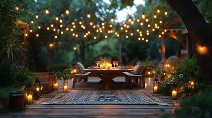 Charming Outdoor Dining Table Romantic Candles Perfect Sunset Dinner Setup Photo