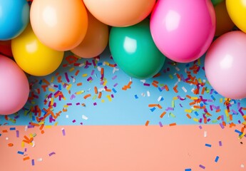 Colorful balloons and confetti on a pastel background. Bright, cheerful image perfect for celebrations.