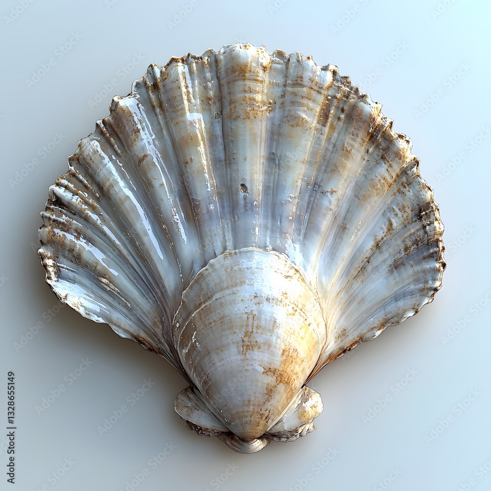 Poster Close-up view of a beautiful scallop seashell, showcasing its intricate texture and delicate details. Detailed Animal isolated on white background. Close-Up of a Scallop Shell