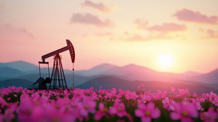 Naklejka premium An oil pump silhouetted against a stunning sunset, surrounded by vibrant pink flowers in a serene landscape.