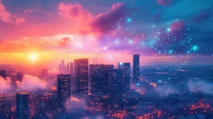 Obraz premium Futuristic cityscape at sunset with digital connections and clouds