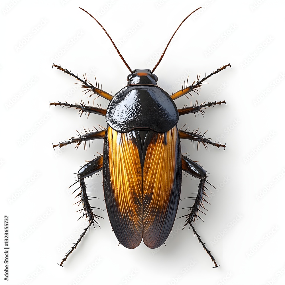 Poster a stunning macro photograph showcasing the intricate details of a golden cockroach against a clean w