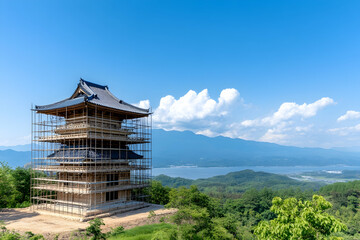 A multi-tiered pagoda under construction, situated atop a hill overlooking a serene lake and mountain range under a clear sky