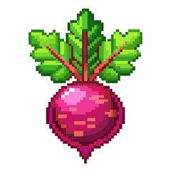 Pixel Art Beetroot with Green Leaves   Retro Gaming Digital Illustration