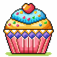 Fototapeta premium Colorful Pixel Art Cupcake With Sprinkles and Cherry Topping Digital Illustration