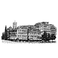 Obraz premium Charming engraved vector illustration of a lively urban landscape with vibrant buildings and lush trees under a serene sky