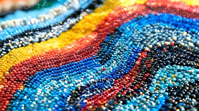 A close-up of a vibrant beaded textile featuring intricate patterns and a rich mix of colors, including blue, red, yellow, and black. The detailed craftsmanship highlights the texture 