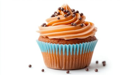 Delicious Orange Frosting Cupcake with Chocolate Sprinkles on a Light Blue Wrapper Against a Clean White Background