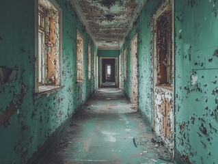 Abandoned hospital complex interior slung derelict forsaken outcast