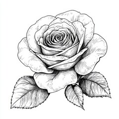 Hand-Drawn Sketch of a Beautiful Rose with Intricate Petal Details and Leaves in Black and White