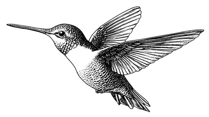 Engraved illustration of a hummingbird in flight, showcasing intricate details and delicate wings, perfect for tattoo and packaging design © Pawellpi Design