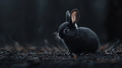 Mysterious black rabbit in the dark captured in realistic photography with ample copy space for text and design