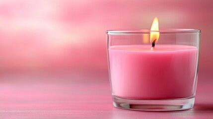 Pink candle in a clear glass holder on a pink surface, soft lighting creates a calm and peaceful atmosphere.