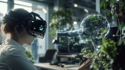 A modern office where employees collaborate with AI-powered assistants