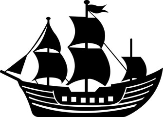 Pirate ship icon.Historic sailing ship navigating through stormy ocean water.Ship silhouette line art illustration.