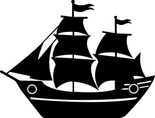Pirate ship icon.Historic sailing ship navigating through stormy ocean water.Ship silhouette line art illustration.