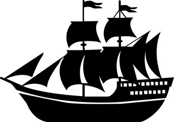 Pirate ship icon.Historic sailing ship navigating through stormy ocean water.Ship silhouette line art illustration.