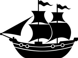 Pirate ship icon.Historic sailing ship navigating through stormy ocean water.Ship silhouette line art illustration.