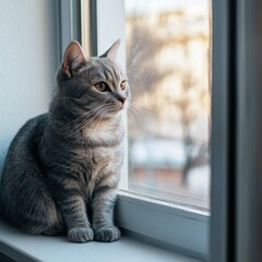 Playful cat sitting on a warm windowsill gazing outside with ample copy space for text and natural light surrounding