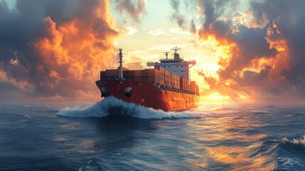 Fototapeta premium A large container ship navigates through turbulent ocean waters, leaving frothy waves behind. The sun sets on the horizon, illuminating the sky with vivid colors and dramatic clouds